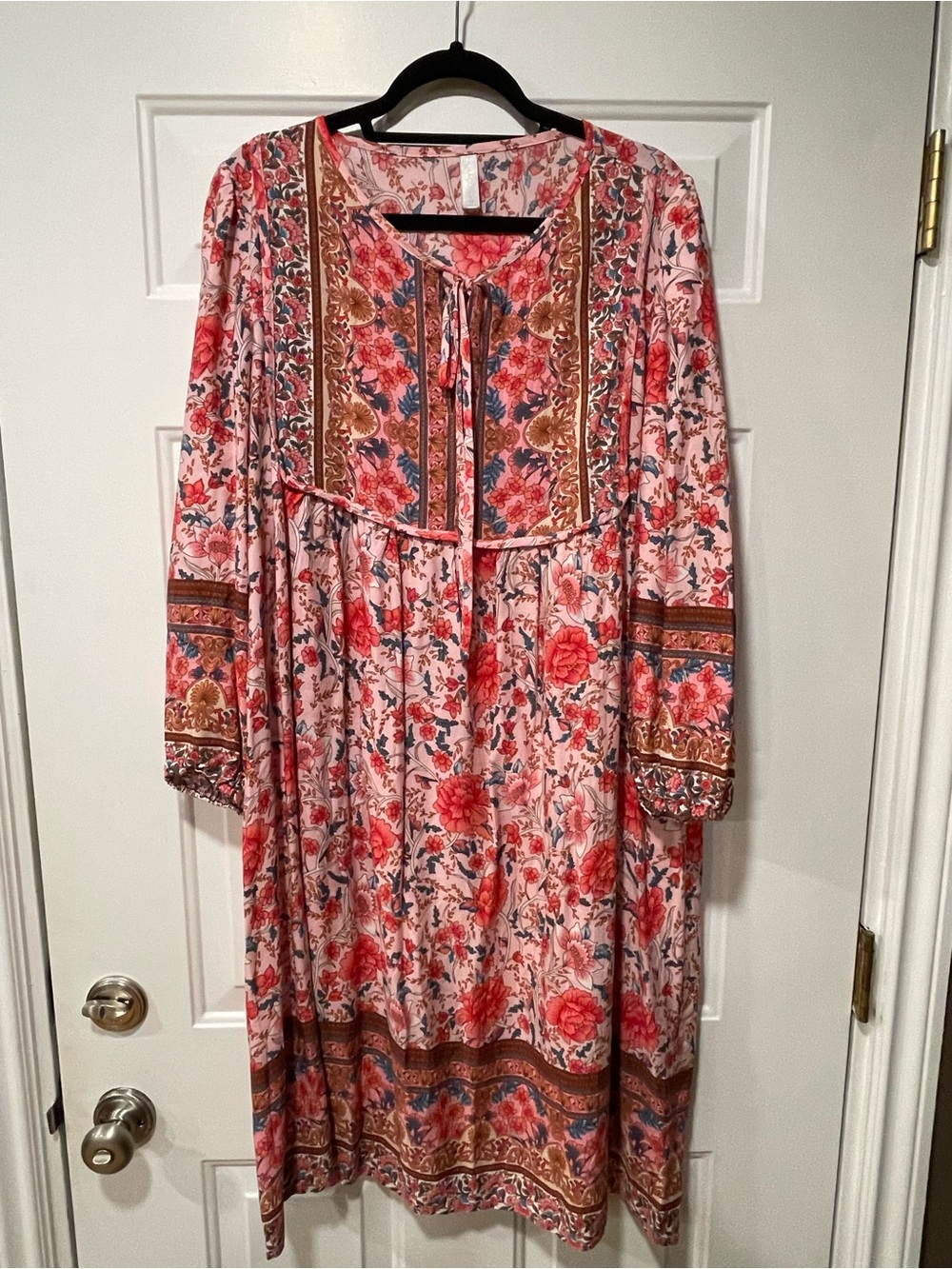 Pink Floral Bohemian Long-Sleeve Midi Dress with Tie Neck